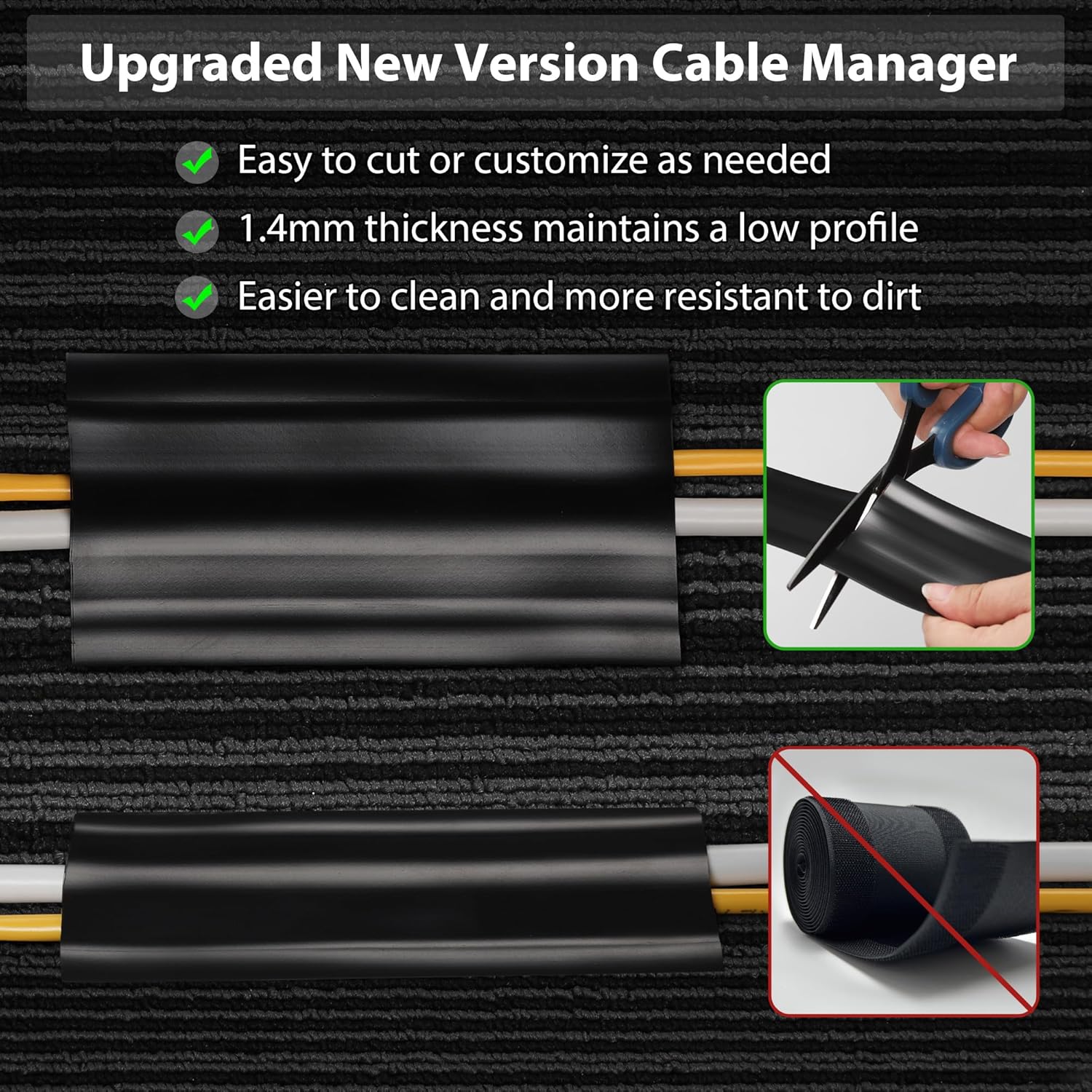 8.2Ft Cord Cover Floor, PVC Cord Covers for Wires on Floor, Soft Floor Cable Cover Cord Hider, Floor Cable Management Cable Protector for Commercial Office Carpet/Floors/Wall Black