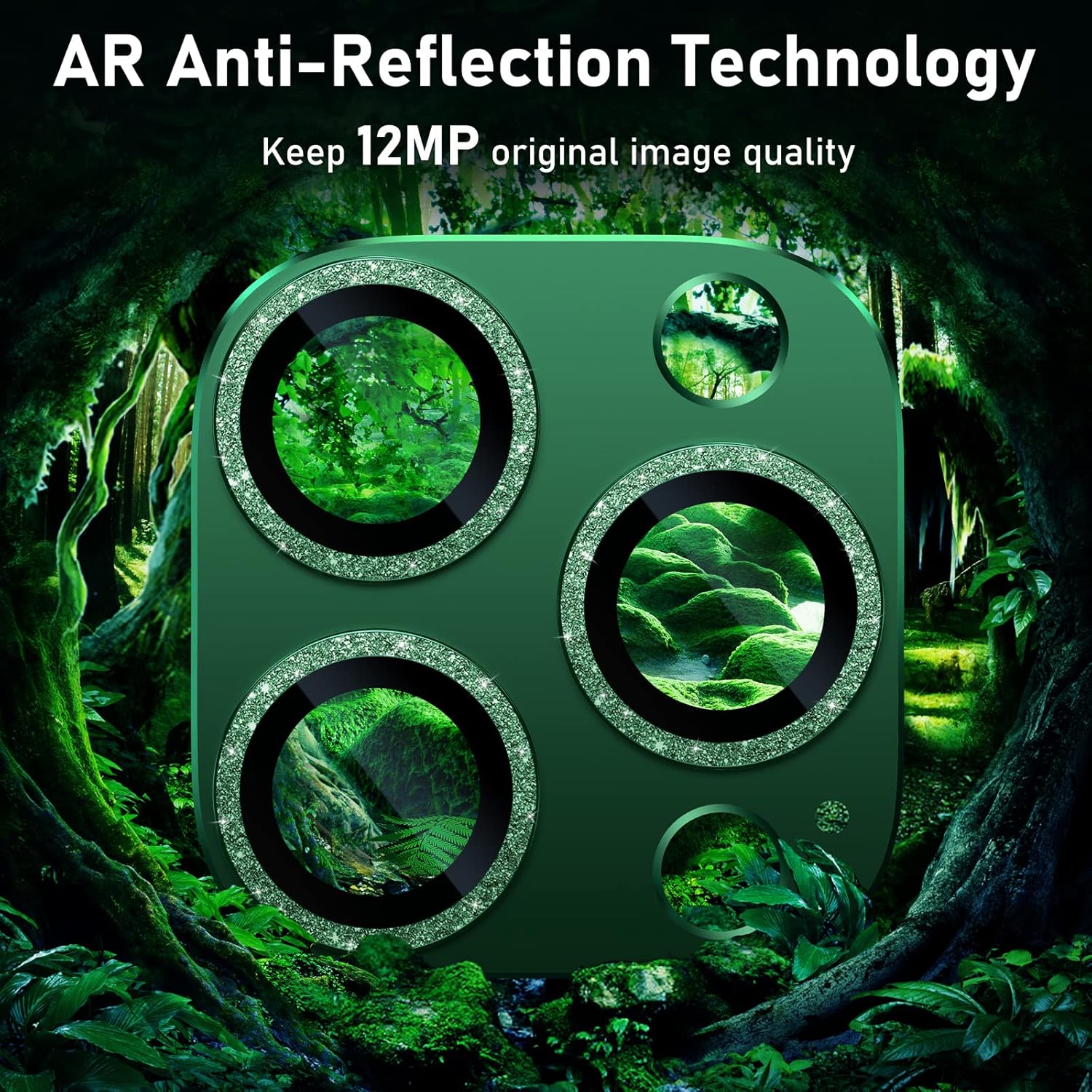 UniqueMe for iPhone 13 Pro/iPhone 13 Pro Max Camera Lens Protector, [Strong Drop Protection] [Not Easy to Fall-off] Metal Ring Tempered Glass Rear Camera Screen Cover - Alpine Green (Bling Circle)