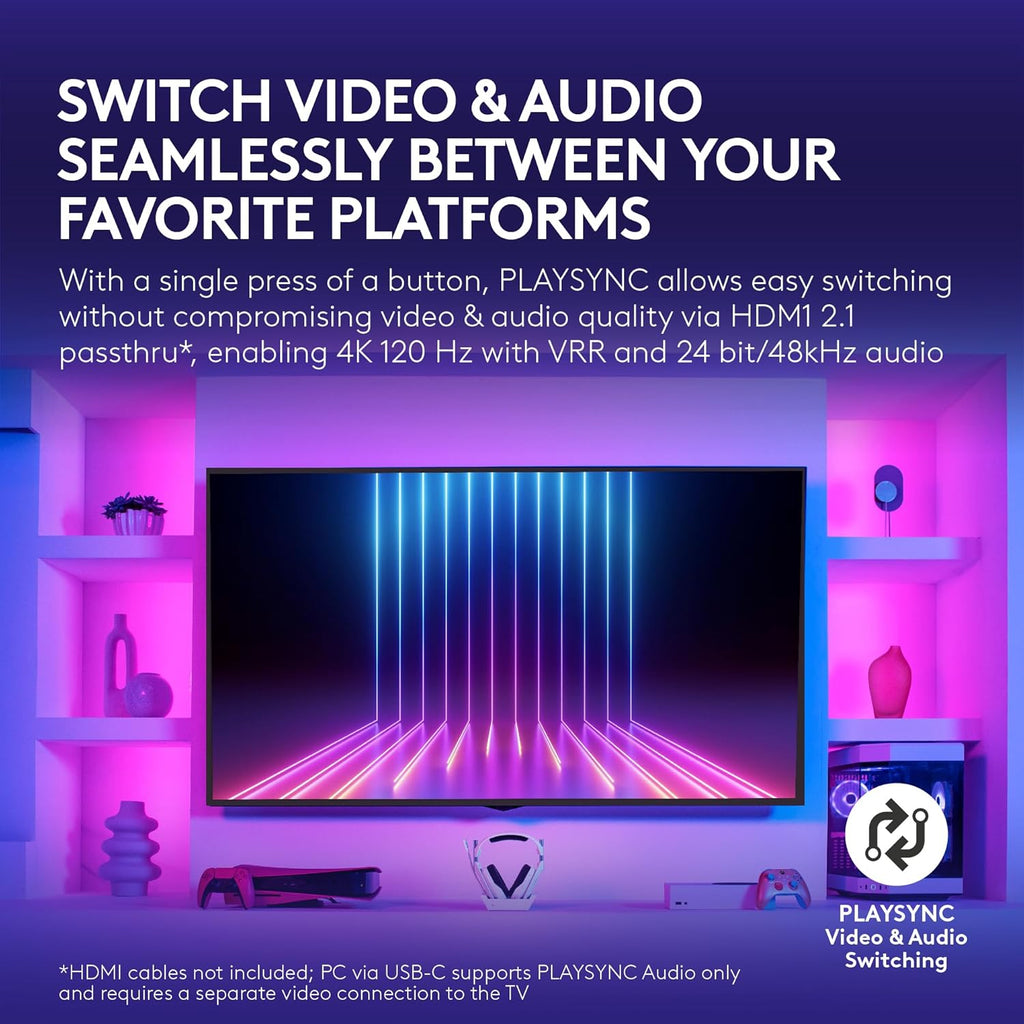 Logitech G Astro A50 X Omni-Platform Wireless Gaming Headset + Base Station for PS5, Xbox, PC: PLAYSYNC Video & Audio Switcher, HDMI 2.1 4K 120Hz VRR, <24 bit/48 kHz, 24hr Battery, 2.4GHz & BT - White