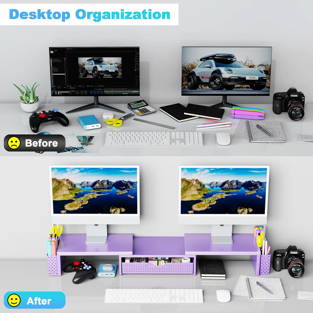 Spacrea Metal Desk Organizers and Accessories, Dual Monitor Stand Riser with Drawer and 2 Pen Holders, Desk Accessories & Workspace Desktop Organizers for Office Supplies (Purple)