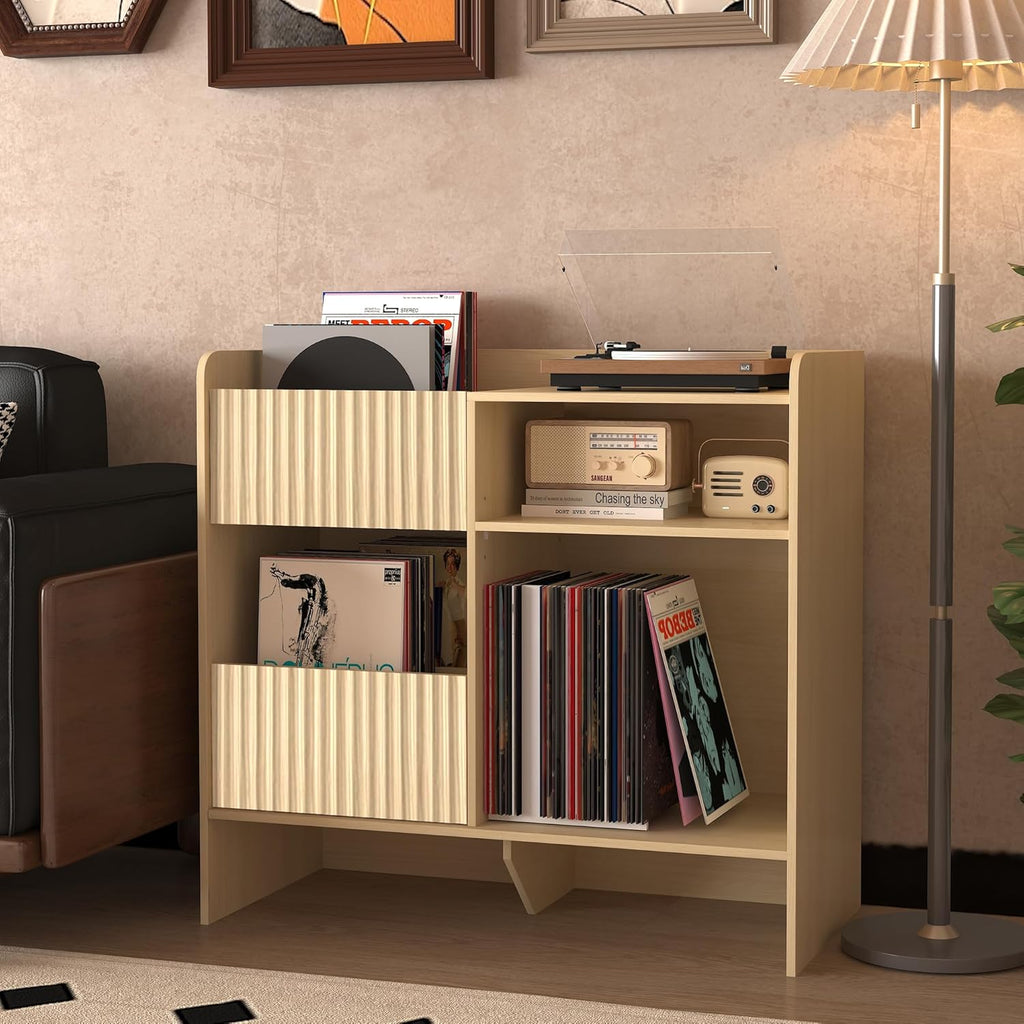 Record Player Stand with Vinyl Storage - Mid Century Modern Turntable Stand with Adjustable Shelves & Cable Hole, Record Player Table with 4 Cubes for Living Room, Bedroom, Oak