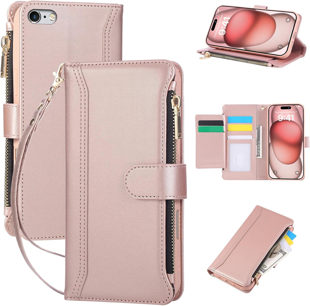 Compatible with iPhone 7/8/SE 2020/SE 2022 Wallet Case PU Leather Shockproof Protective Cover with Credit Card Slots, Zipper Pocket Detachable Wrist Strap,Unisex Design for Men/Women-Pink