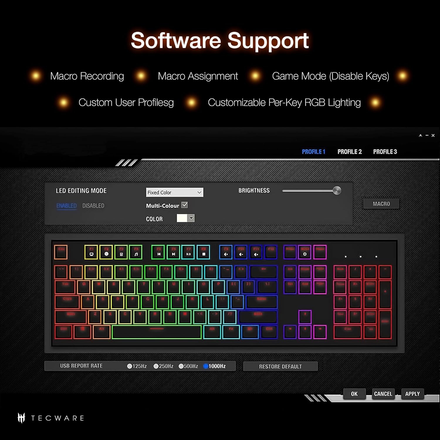 TECWARE Phantom+ Elite 87 Key RGB Mechanical Gaming Keyboard, LED Backlit, Universal Hot-Swap, Wired and Wireless, 3 Mode Connectivity, Thocky Sounding, Black Elite Wraith Brown