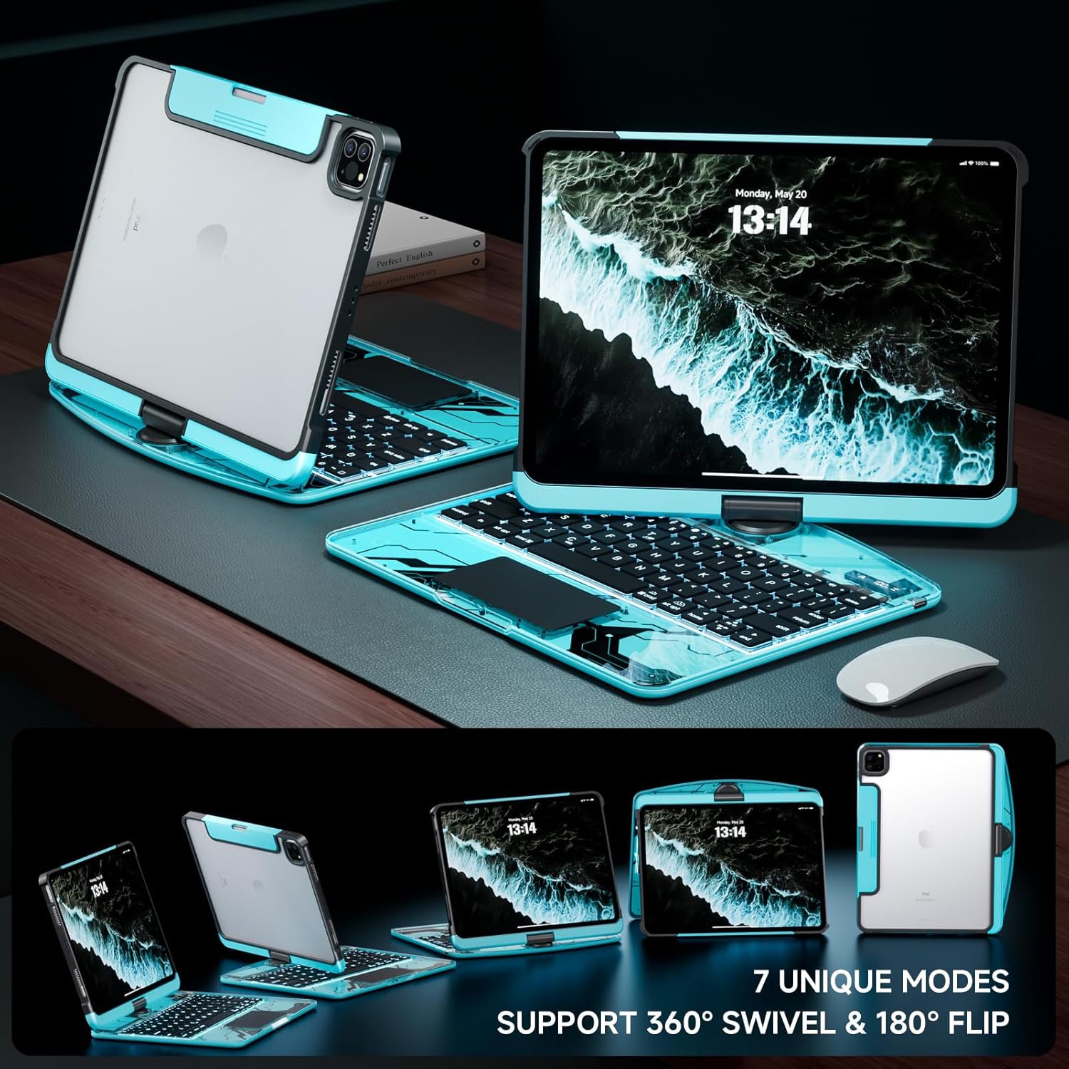 Transparent Case with Keyboard iPad Air (M3/M2,2025/2024) 11 Inch,Compatible 10.9" iPad Air 5th/4th & 11" iPad Pro 4/3/2/1,7-Color Backlit,Wireless Keyboard, 360°Rotating,with trackpad,Blue