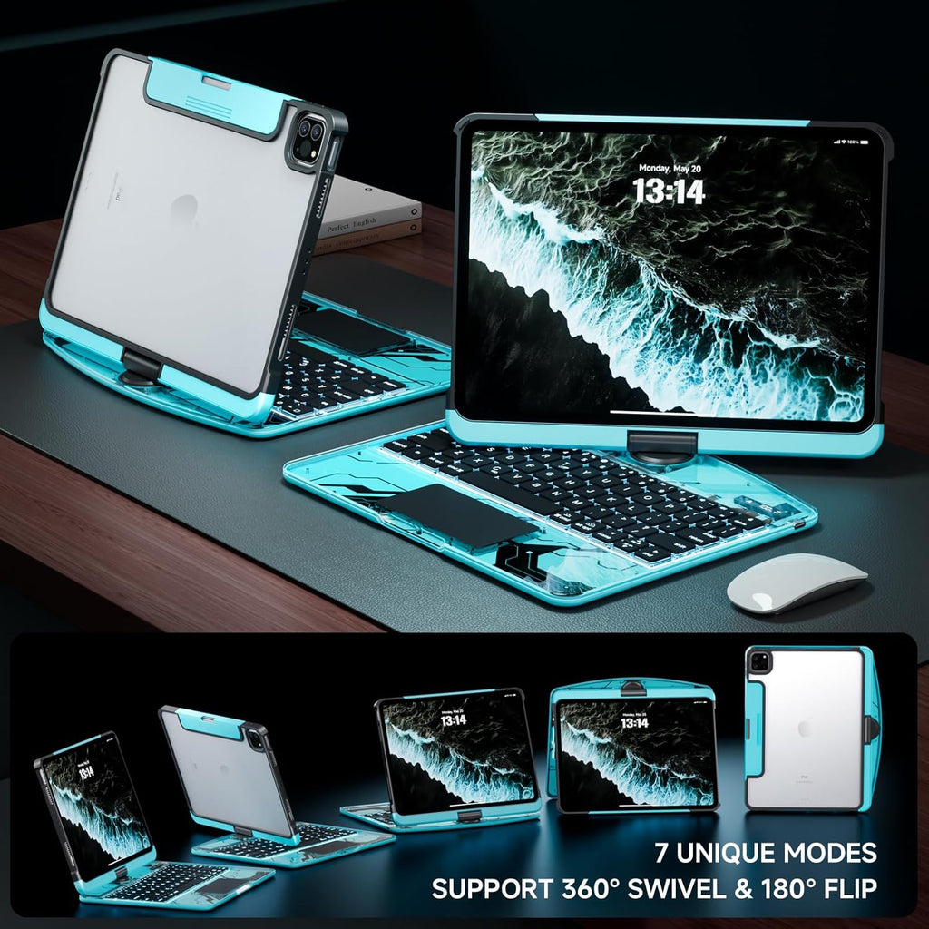 Transparent Case with Keyboard for 2024 iPad Pro 11-inch (M4),with 7-Color Backlit Wireless Keyboard, 360°Rotatable Protective Case Multi-Touch Trackpad,with Pencil Holder,with Shortcuts,Blue