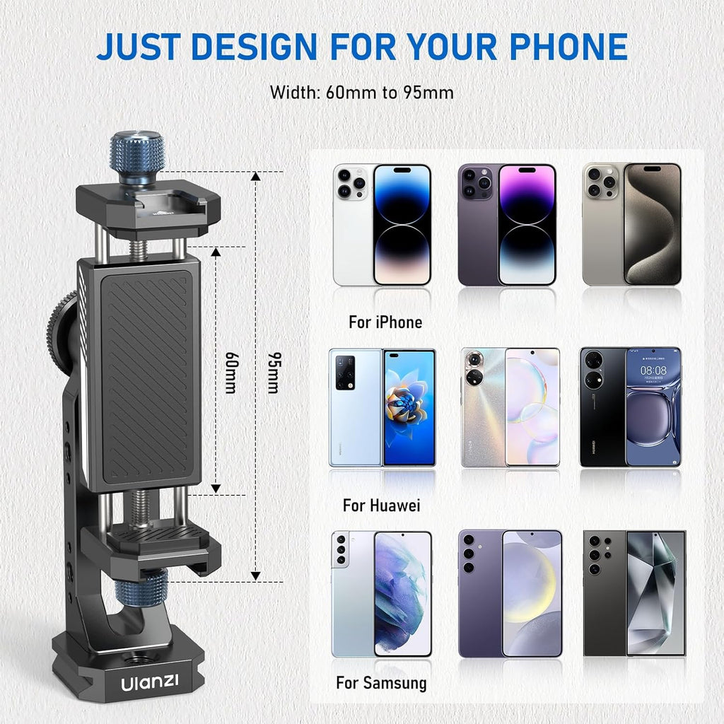 Ulanzi MA53 Metal Tripod Phone Mount, Smartphone Tripods Adapter with Arca Swiss/Uka Port, 2 Cold Shoe, 360° Cellphone Tripod Mount, for iPhone 17 Samsung Holder for Photo Video Vlogging Rig