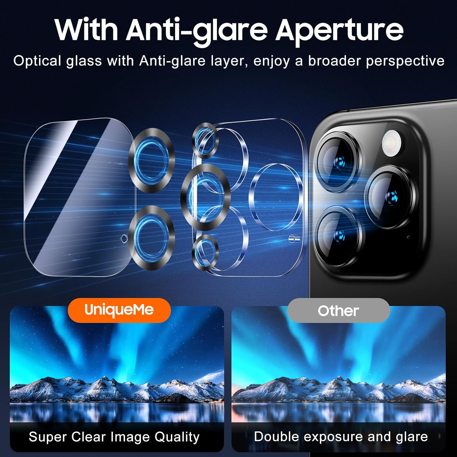 UniqueMe for 3 Pack iPhone 16 Pro/iPhone 16 Pro Max Camera Lens Protector - [Drop Protection] [Case Friendly] 9H Tempered Glass Camera Cover Screen [Update New Version] - Matte Black
