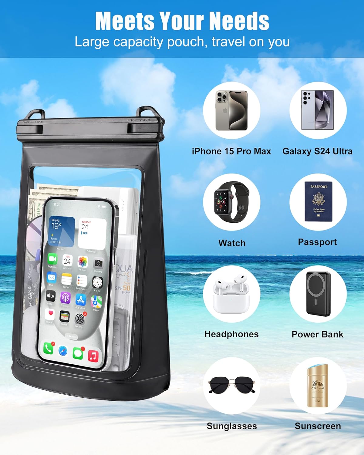 2L Waterproof Phone Pouch for iPhone 16 15 14 11 Pro Max & Galaxy S24 S21 - Floating Large Capacity Dry Bag Stores Sunscreen, Sunglasses - Oversized Waterproof Bag for Beach, Swimming, Kayaking