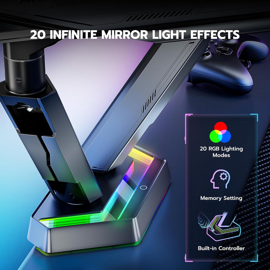 ARES WING RGB Dual Monitor Arm for 17-38" Ultrawide Screens, Holds 35.2lbs, Heavy Duty Dual Monitor Stand for Desk, Adjustable Double Mount with Clamp & Grommet Base, 75/100 VESA Mount, Gray