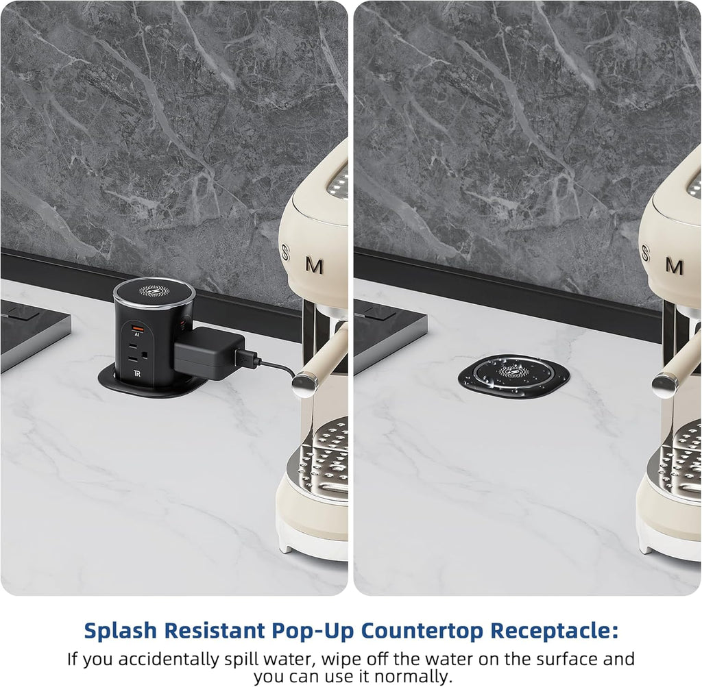 Jgstkcity Pop Up Countertop Outlet with 15W Wireless Charger,20W USB C Ports,Flush Mount Tamper Resistant,Recessed Grommet Receptacle,4 USB 4 Outlets,15A,1875W,ETL Listed,3.15in Hole,Black