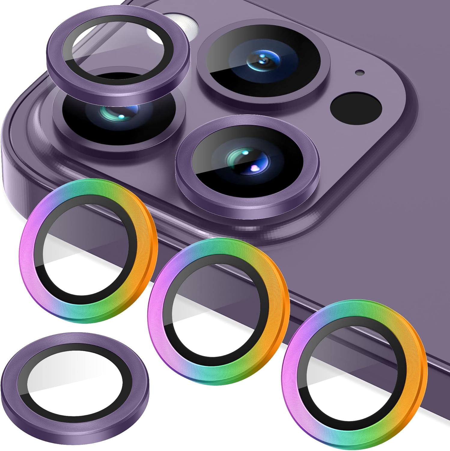 AGVEE 3+3 6 Pack for iPhone 14 Pro 6.1" / 14 Pro Max 6.7" Camera Lens Cover Protector, Metal Ring 9H Tempered HD Glass Camera Cover Protector Film, Purple