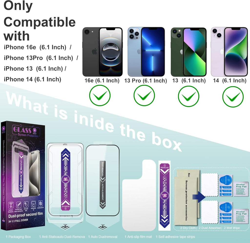 2 Pack Screen Protector Tempered Glass for iPhone 16e and iPhone 14 and iPhone 13 and iPhone 13 Pro 6.1-Inch Auto Dust Removal, No Bubbles, High Definition Clear, Easy Installation
