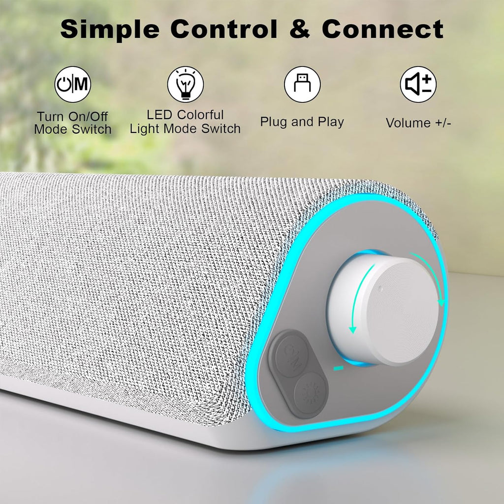 SOULION R50 Bluetooth Computer Speakers for Desktop PC Monitor White,Wired USB Powered 3.5mm Aux PC Speakers Sound Bar,4 Modes LED Lights with Switch Button,Surround Sound Soundbar for Computer