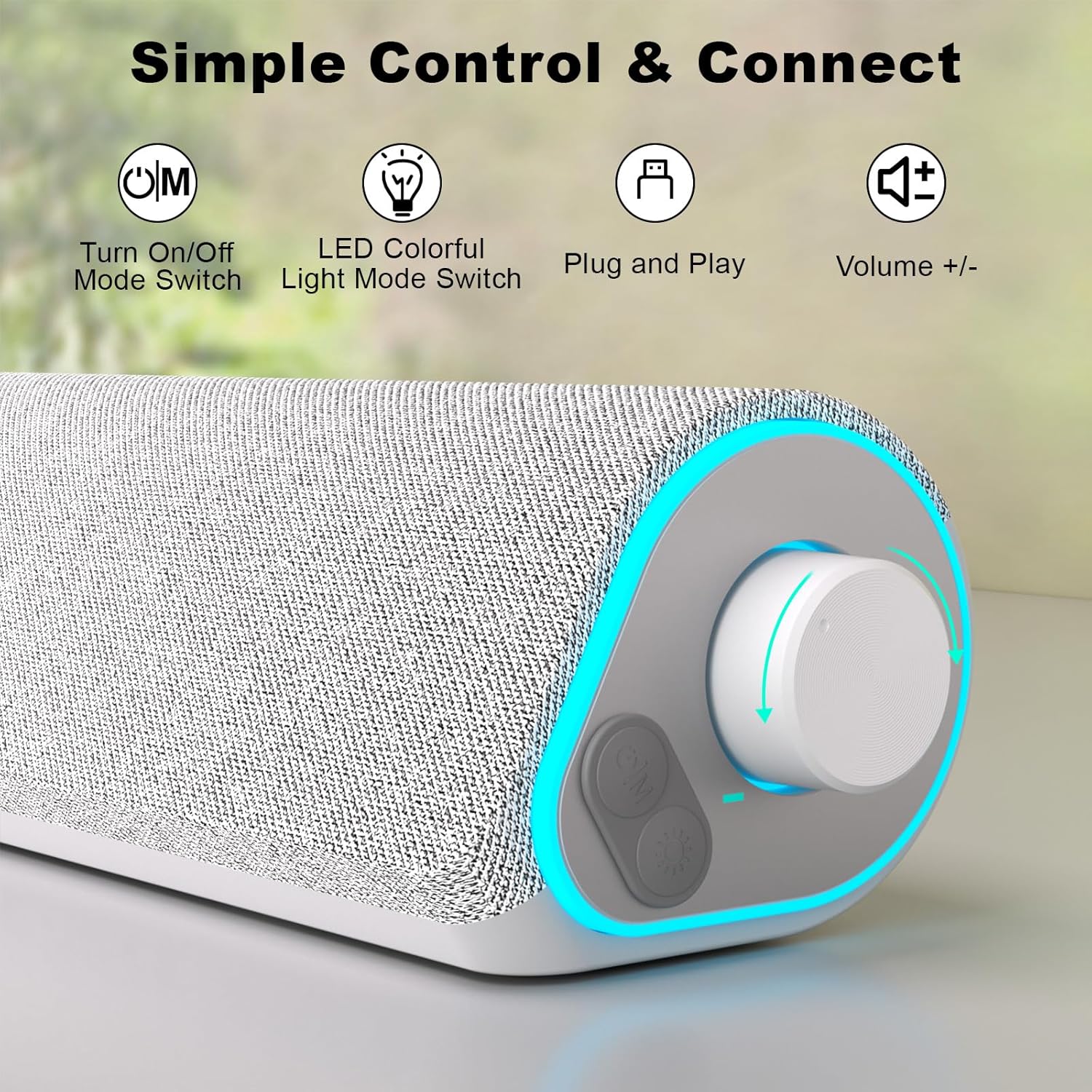 SOULION R50 Bluetooth Computer Speakers for Desktop PC Monitor White,Wired USB Powered 3.5mm Aux PC Speakers Sound Bar,4 Modes LED Lights with Switch Button,Surround Sound Soundbar for Computer