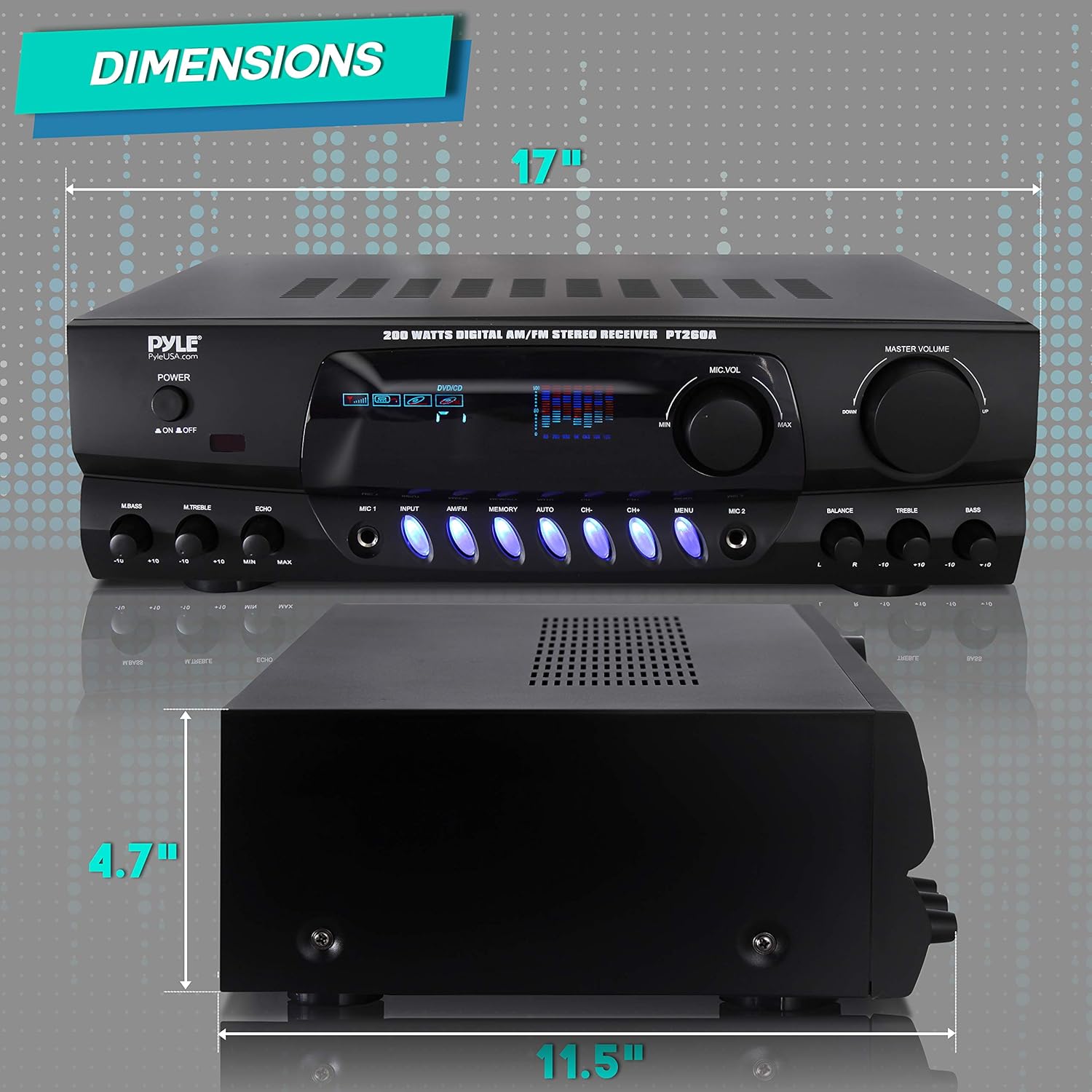 Pyle 200W Home Audio Power Amplifier - Stereo Receiver w/AM FM Tuner, 2 Microphone Input w/Echo for Karaoke, Great Addition to Your Home Entertainment Speaker System - PT260A.5