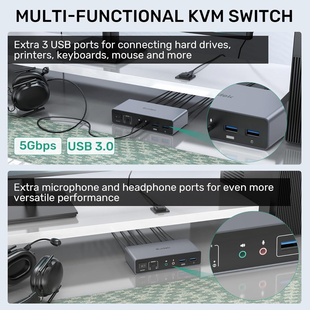 HDMI KVM Switch 2 Monitors 2 Computers, Dual Monitor KVM USB Switcher 4K@60Hz, HDMI Extended/Mirror Display for 2 PC Share 2 Monitors, with 3 USB 3.0 Port, Desktop Controller and 2 USB Cables