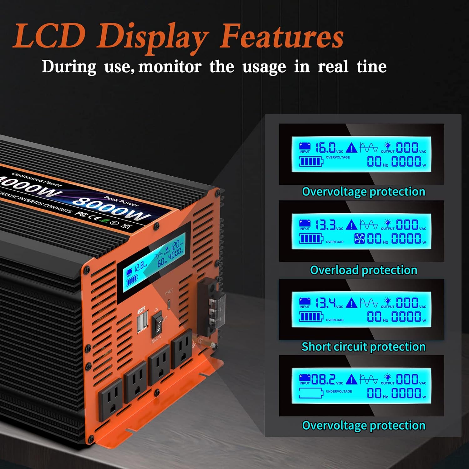 4000 Watt Pure Sine Wave Power Inverter 12V DC to 110V 120V Converter for Family RV Off Grid Solar System Car with Type-C Ports 4 AC Power Outlets Dual USB Ports LCD Display and Remote Control
