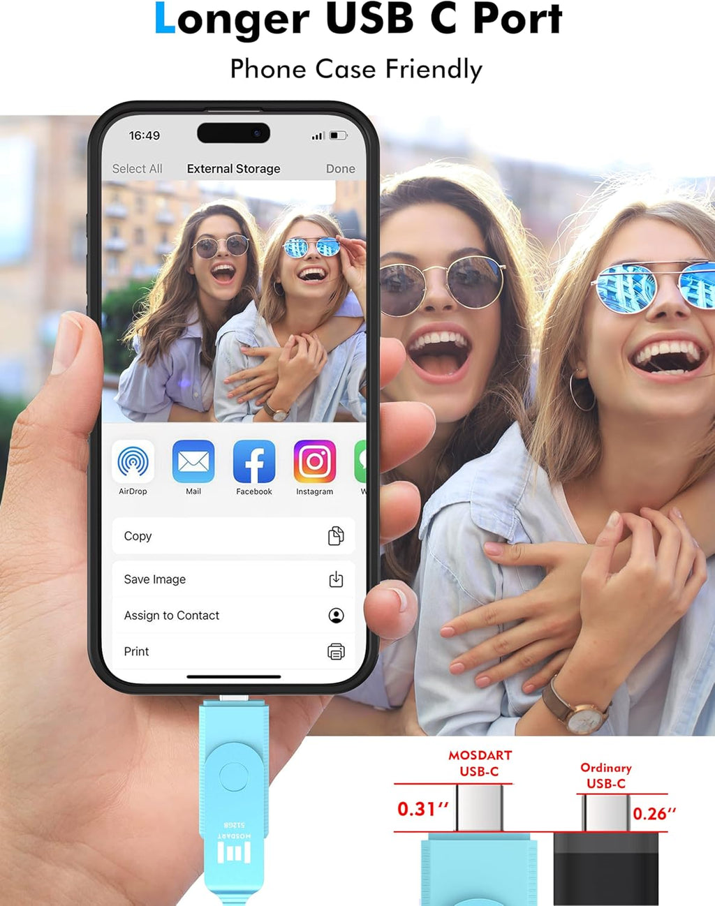 MOSDART 512GB USB3.1 Fast Speed C and A Dual Flash Drive, exFAT Memory Stick with Keychain and LED Indicator, for iPhone 15 and 16, Android Phone, iPad, MacBook, and Other Laptops, Sky Blue