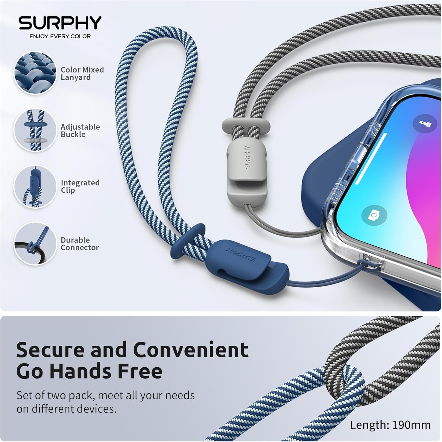 SURPHY 2 Pack Phone Lanyard for Cellphone Case, Phone Wrist Strap for Case, Cellphone Strap with 2-Color Braided, Charm Wrist Lanyard for Women and Men, Blue Jay & Gray