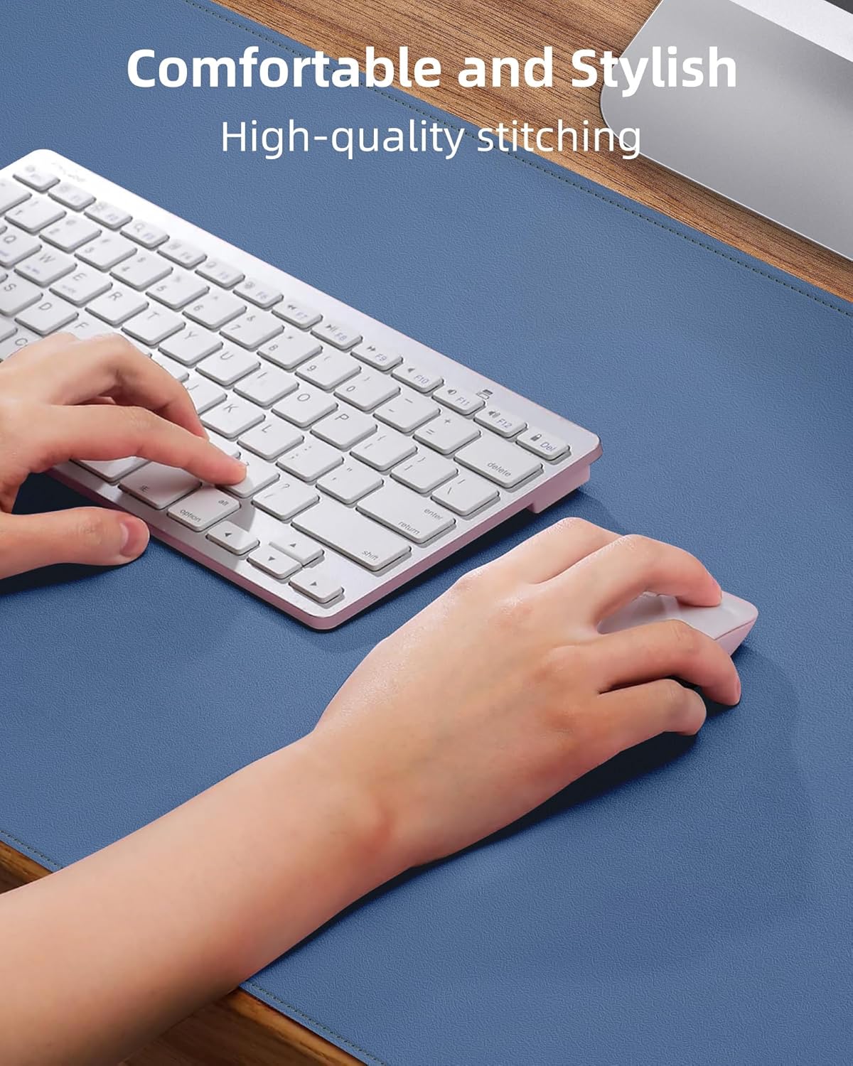 Leather Desk Pad Protector- 48" x 17" Office Desk Mat, Non-Slip PU Leather Mouse Pad, Waterproof Desk Blotter Mat, Desk Cover for Office and Home (Grey Blue)