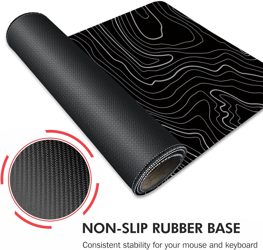 Gaming Mouse Mat Forest Background Pattern XXL XL Large Mouse Mat Long Extended Mouse Pad Desk Mat Non-Slip Rubber Mice Pads Stitched Edges Thin Pad (Topographic Map Balck)