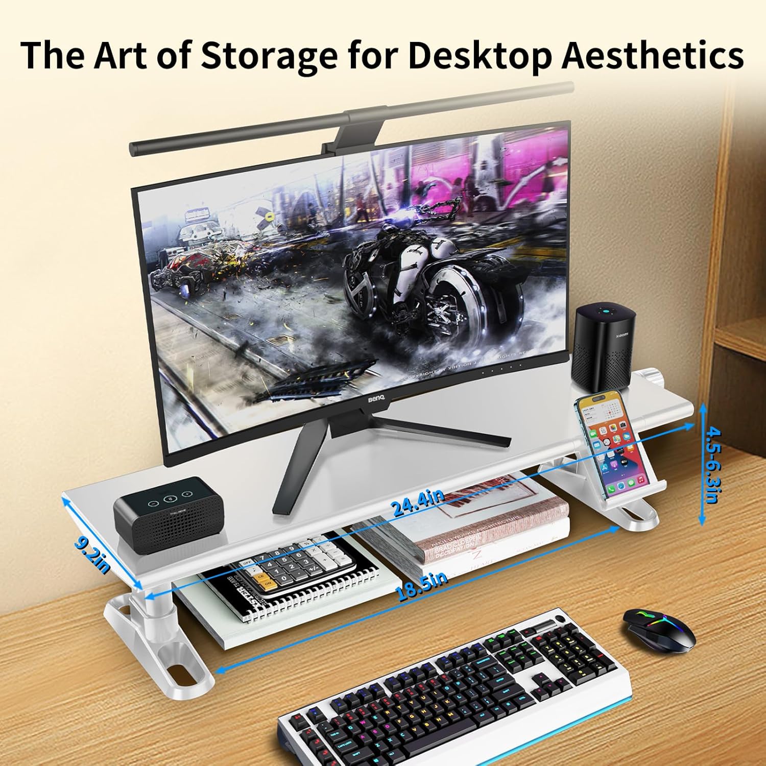 Computer Monitor Stand Riser for Desk,4.5-6.3 Inches Freely Height Adjustable with Cellphone Holder,Multi-Purpose Desktop Organizer Monitor Stands Riser for Computer,Laptop,Printer,TV (White)