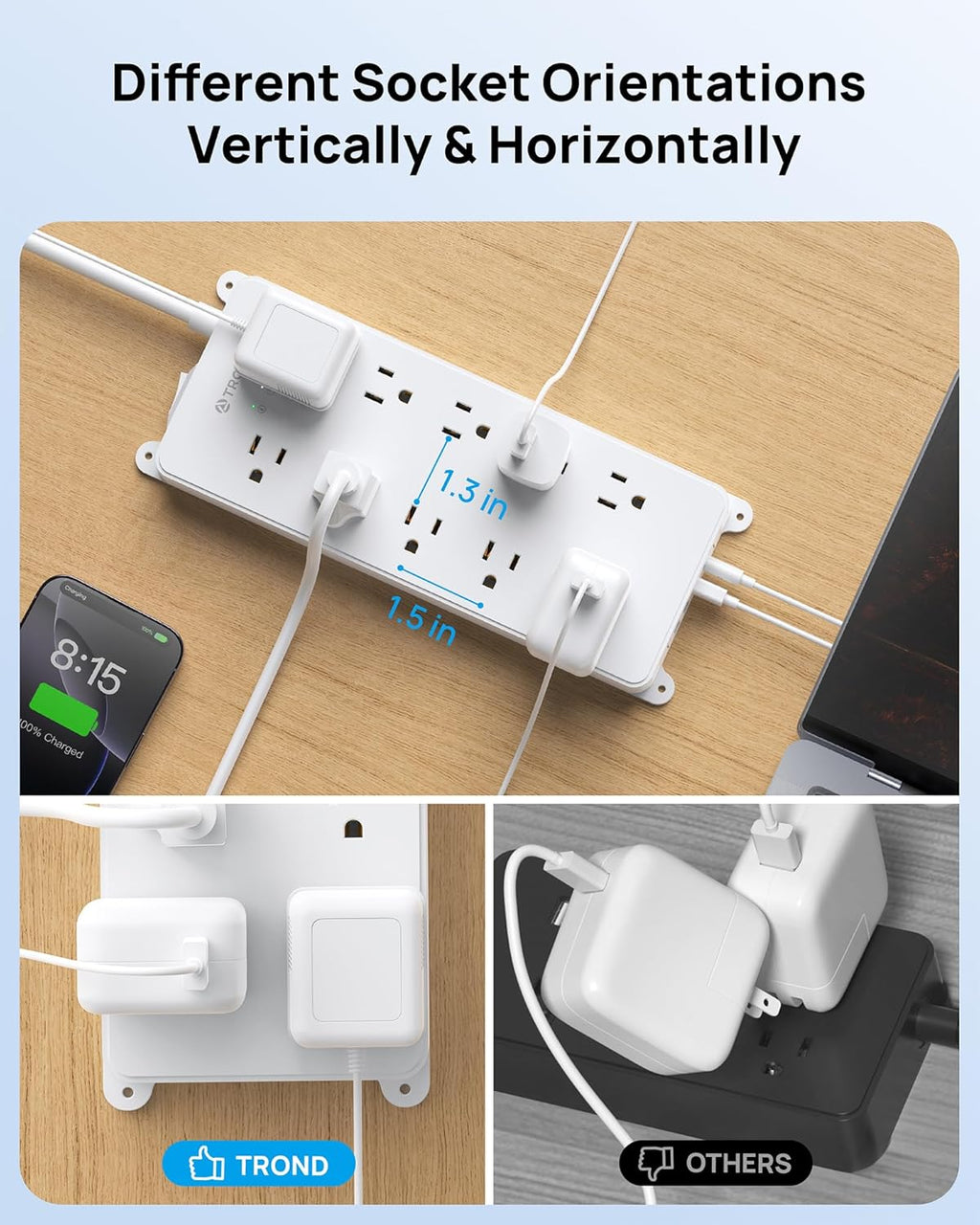 TROND 360° Rotating Plug Power Strip 10ft, Surge Protector with 2 USB A and 2 USB C, 10 Widely Spaced Outlets, 4000J, ETL Listed, Wall Mountable, for Home Office Entertainment, White