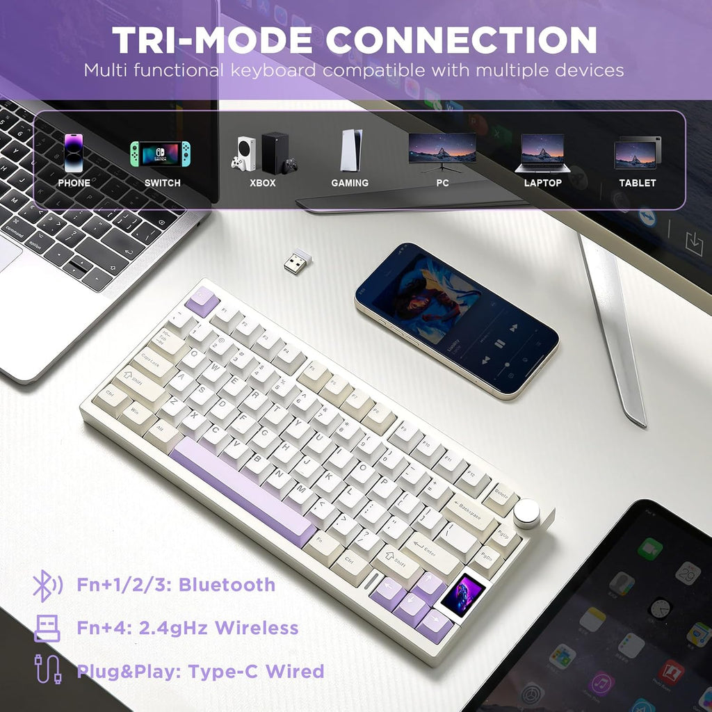 YUNZII AL80 Wireless Mechanical Keyboard,Full Aluminum CNC, Smart LCD Display,Hot Swappable Gasket Mount 75% Layout with Knob,BT/2.4G/USB-C,QMK/VIA Support for Win/Mac (Beige, Cocoa Cream V2 Switch)