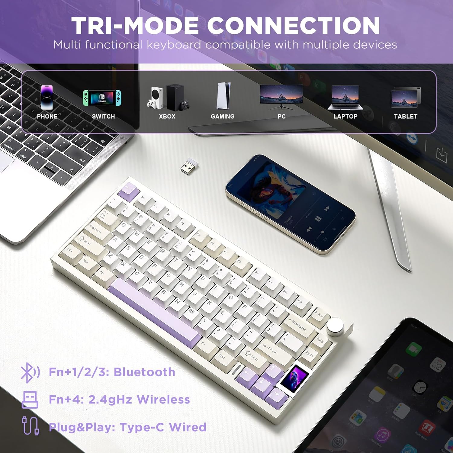YUNZII AL80 Wireless Mechanical Keyboard,Full Aluminum CNC, Smart LCD Display,Hot Swappable Gasket Mount 75% Layout with Knob,BT/2.4G/USB-C,QMK/VIA Support for Win/Mac (Beige, Cocoa Cream V2 Switch)