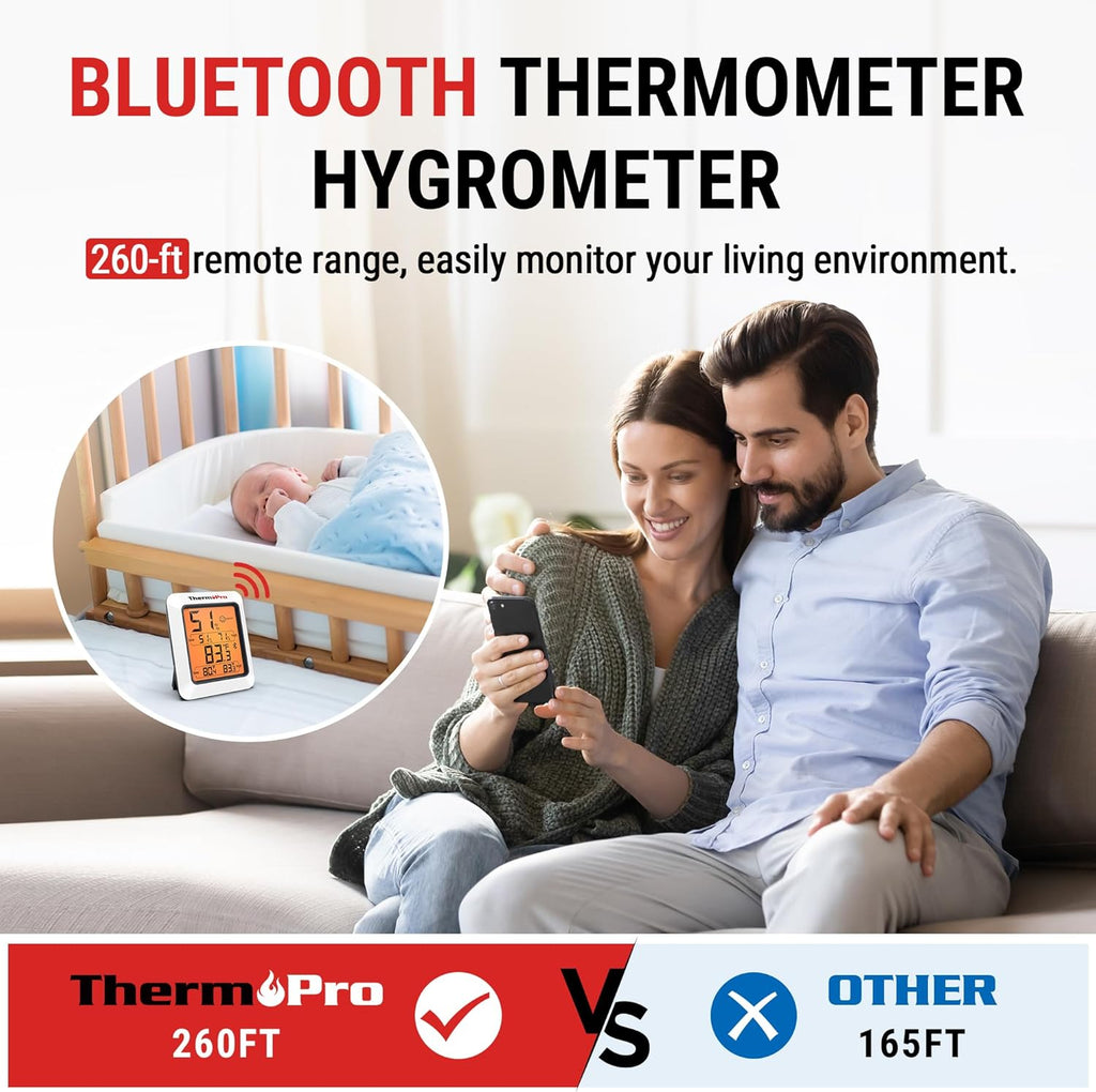 ThermoPro Hygrometer Thermometer for House TP350, Bluetooth Room Indoor Greenhouse Thermometer Monitor Up to 260FT, Backlit Humidity Meter Temperature Sensor with 2-Year Data Export, 2 Pack