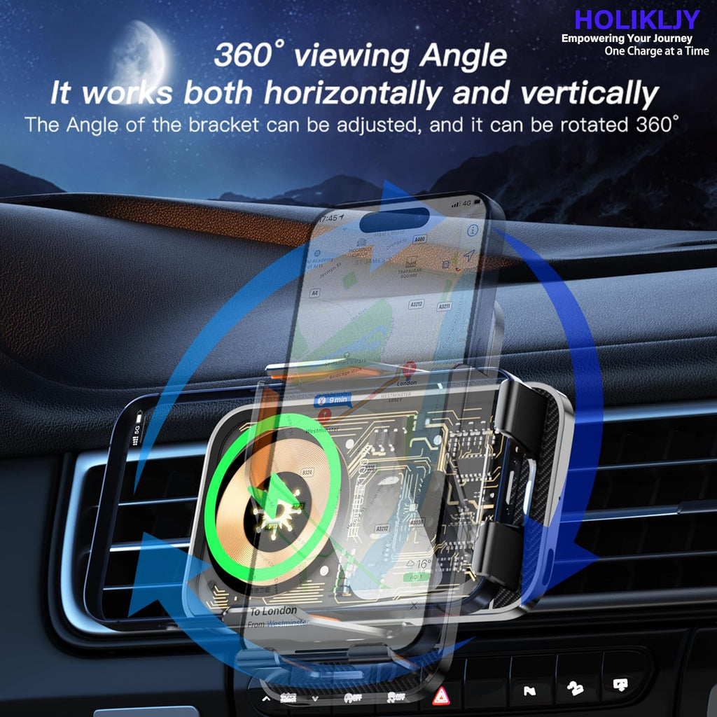 Wireless Charger Holder, Auto Clamp Vent Phone Mount - 15W Fast Charging Dual Induction Car Phone Mount with Transparent Design for iPhone 16 Pro Max 15 14 13 12 11, Sumsung S24 S23 S22 Series