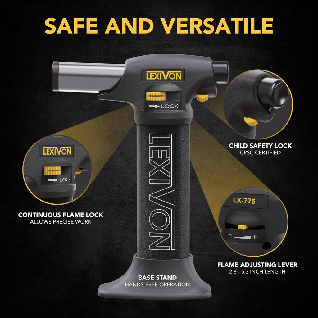 LEXIVON Butane Torch Lighter, Refillable Kitchen Cooking Torch | Self-Igniting with Safety Lock and Adjustable Flame | Pro-Grade Aluminum Tank (LX-775)