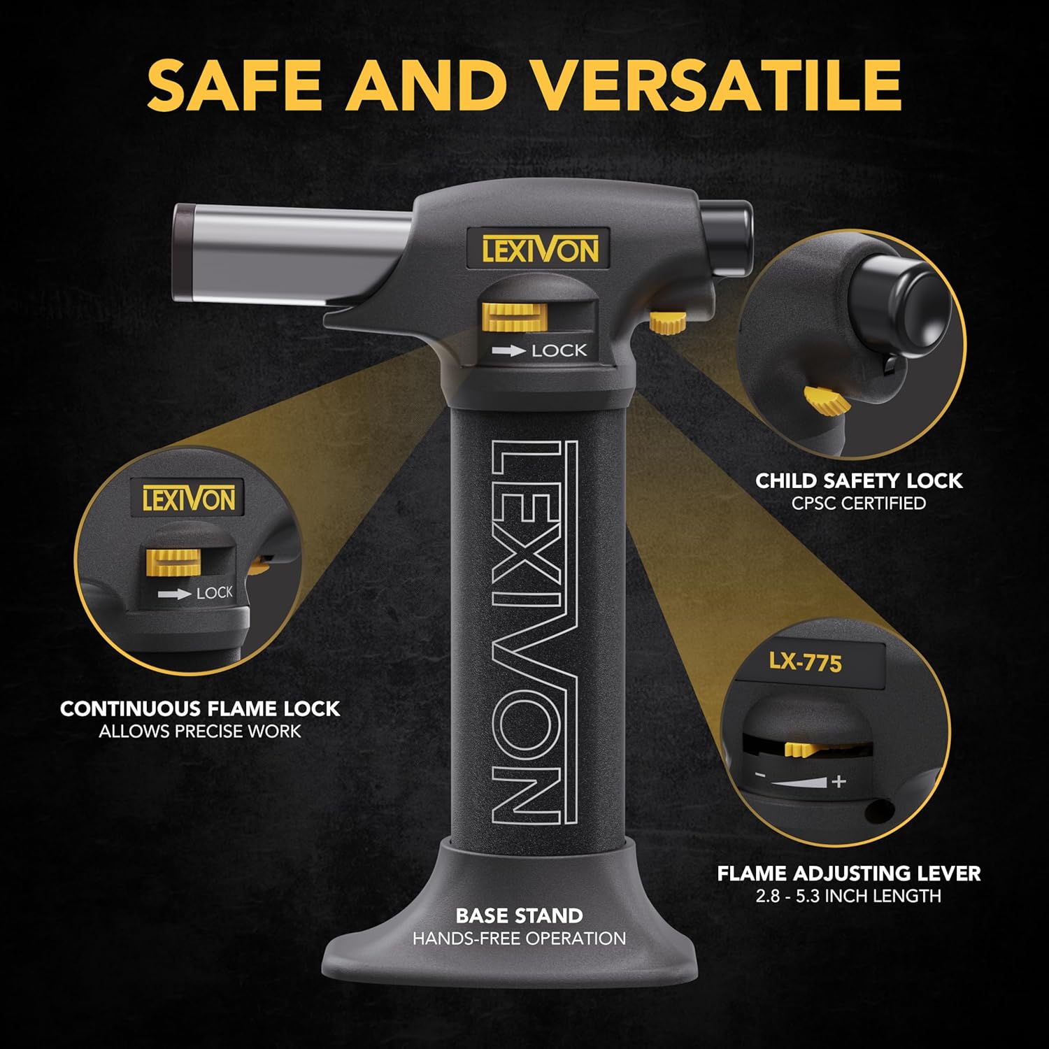 LEXIVON Butane Torch Lighter, Refillable Kitchen Cooking Torch | Self-Igniting with Safety Lock and Adjustable Flame | Pro-Grade Aluminum Tank (LX-775)