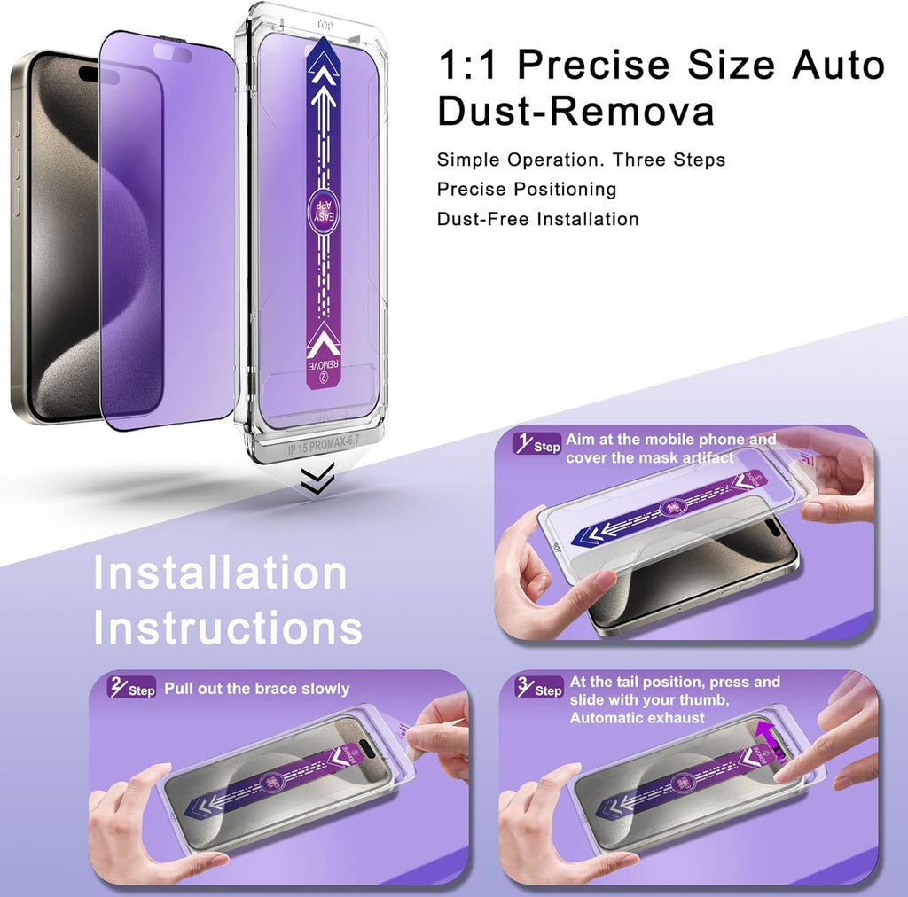 2 Pack Anti Blue Light Matte Screen Protector for iPhone 15 Pro Max 6.7-Inch Auto Dust Removal, No Bubbles, Tempered Glass Film, Easy Installation