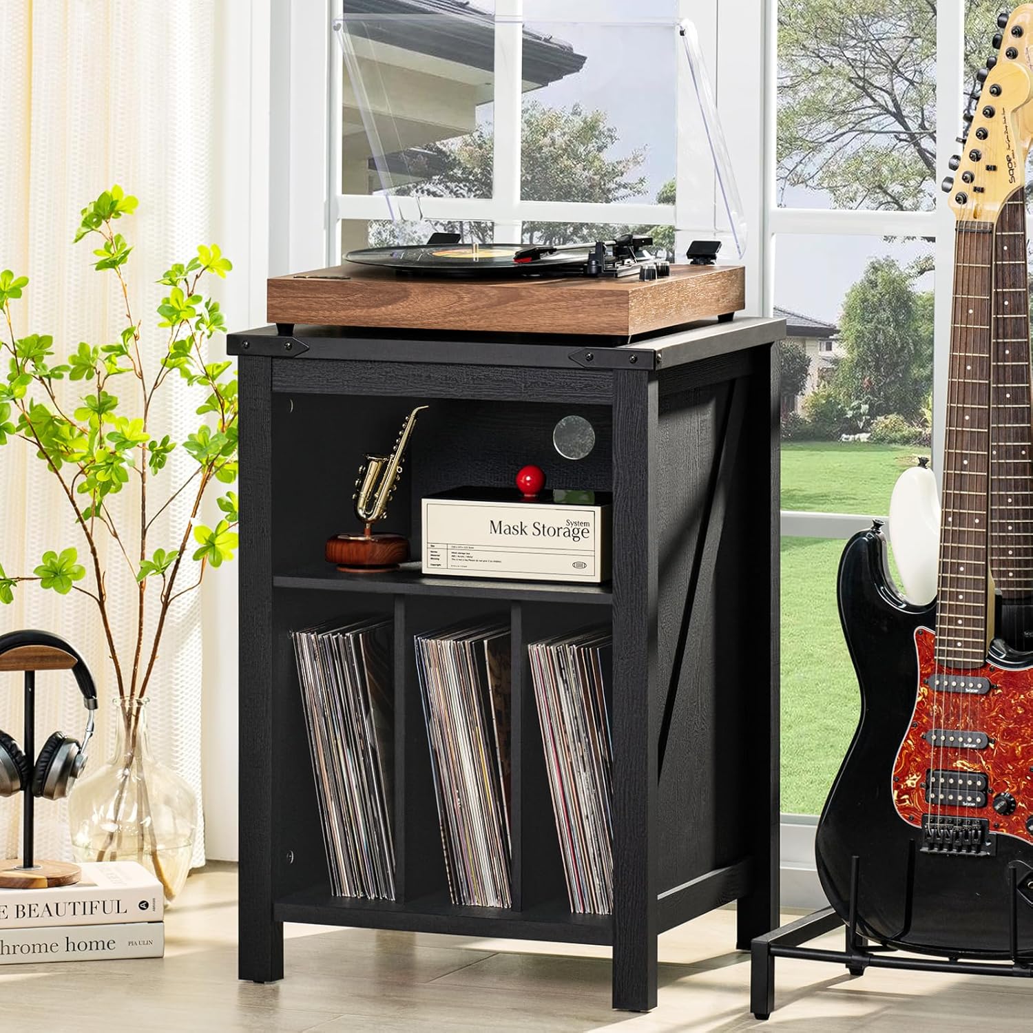 Record Player Stand with Vinyl Record Storage,Black Record Player Table Holds up to 160 Albums,Large Wood Turntable Stand Cabinet Dispaly Shelf for Living Room,Bedroom,Office
