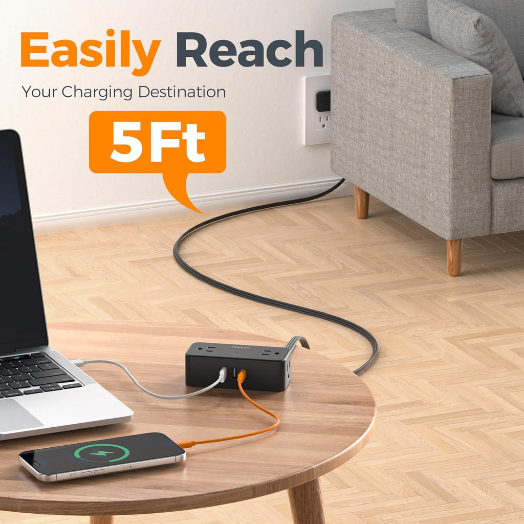 TESSAN Black Extension Cord 5 Ft, Flat Surge Protector Power Strip with 4 Wide Spaced AC Outlets 3 USB Ports (1 USB C), Ultra Thin Flat Plug with 900J Surge Protection, Office Dorm Room Essentials