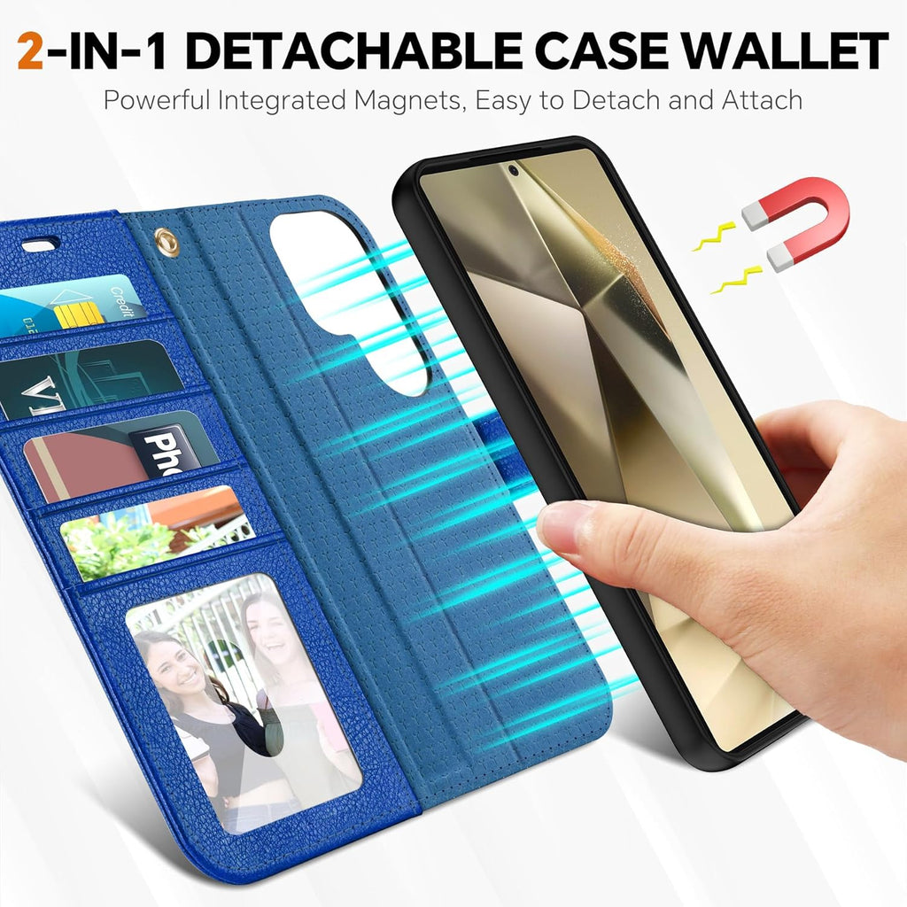 TUCCH Case Wallet for Galaxy S25 Ultra, Removable [2 in 1] [Wireless Charging] Wrist Strap PU Leather Magnetic Stand RFID Blocking [4 Card Slots] Detachable Folio for Galaxy S25 Ultra 6.9", Klein Blue
