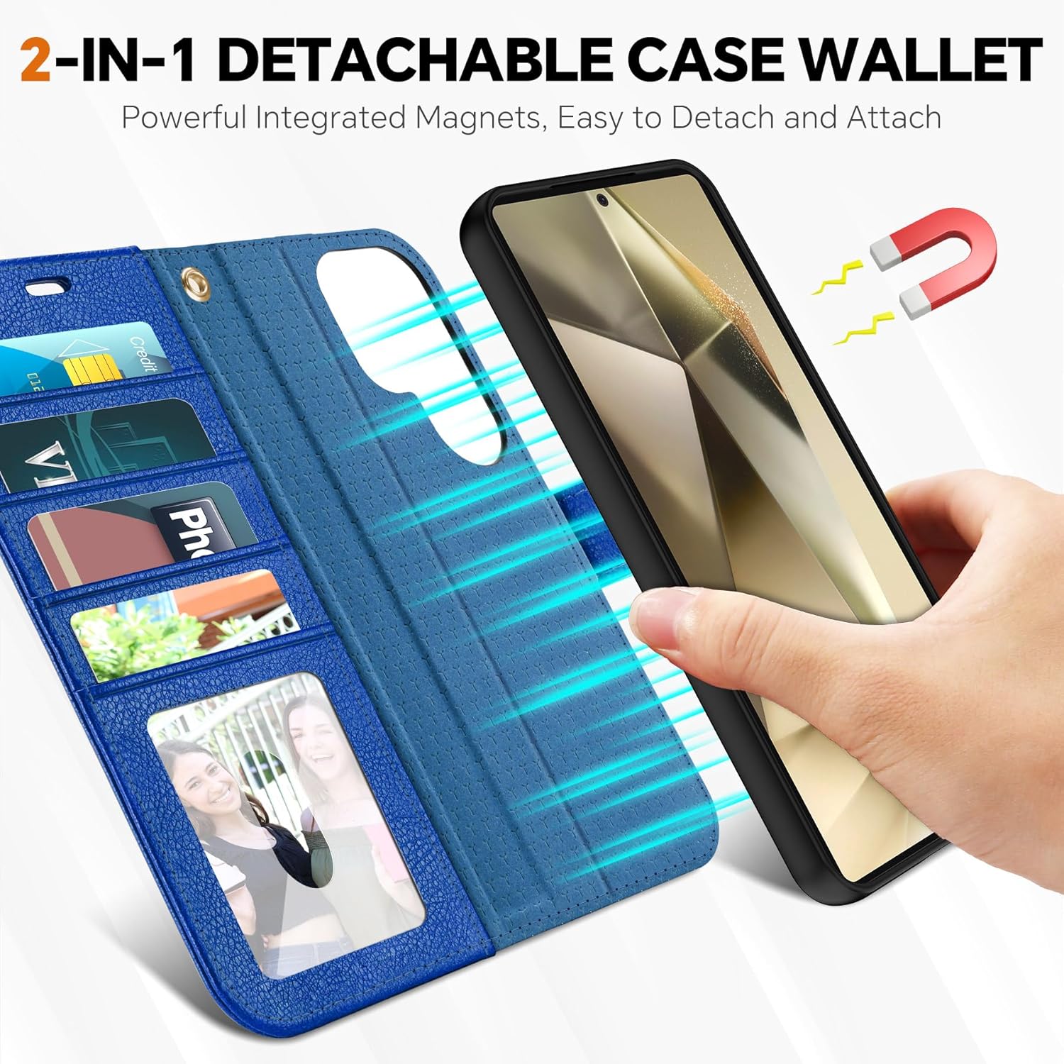 TUCCH Case Wallet for Galaxy S25 Ultra, Removable [2 in 1] [Wireless Charging] Wrist Strap PU Leather Magnetic Stand RFID Blocking [4 Card Slots] Detachable Folio for Galaxy S25 Ultra 6.9", Klein Blue