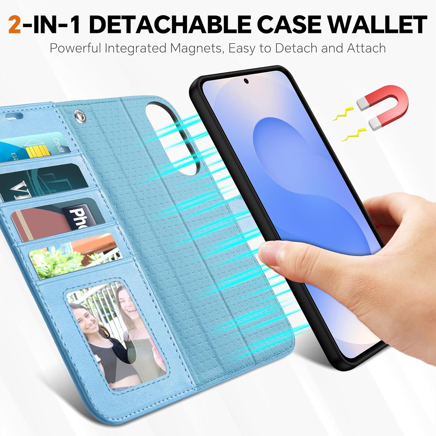 TUCCH Case Wallet for Galaxy S25 Edge, Removable [Wireless Charging] Wrist Strap PU Leather Magnetic Stand RFID Blocking 4 Card Slot Detachable Protective Folio for Galaxy S25 Edge, Pearly Light Blue