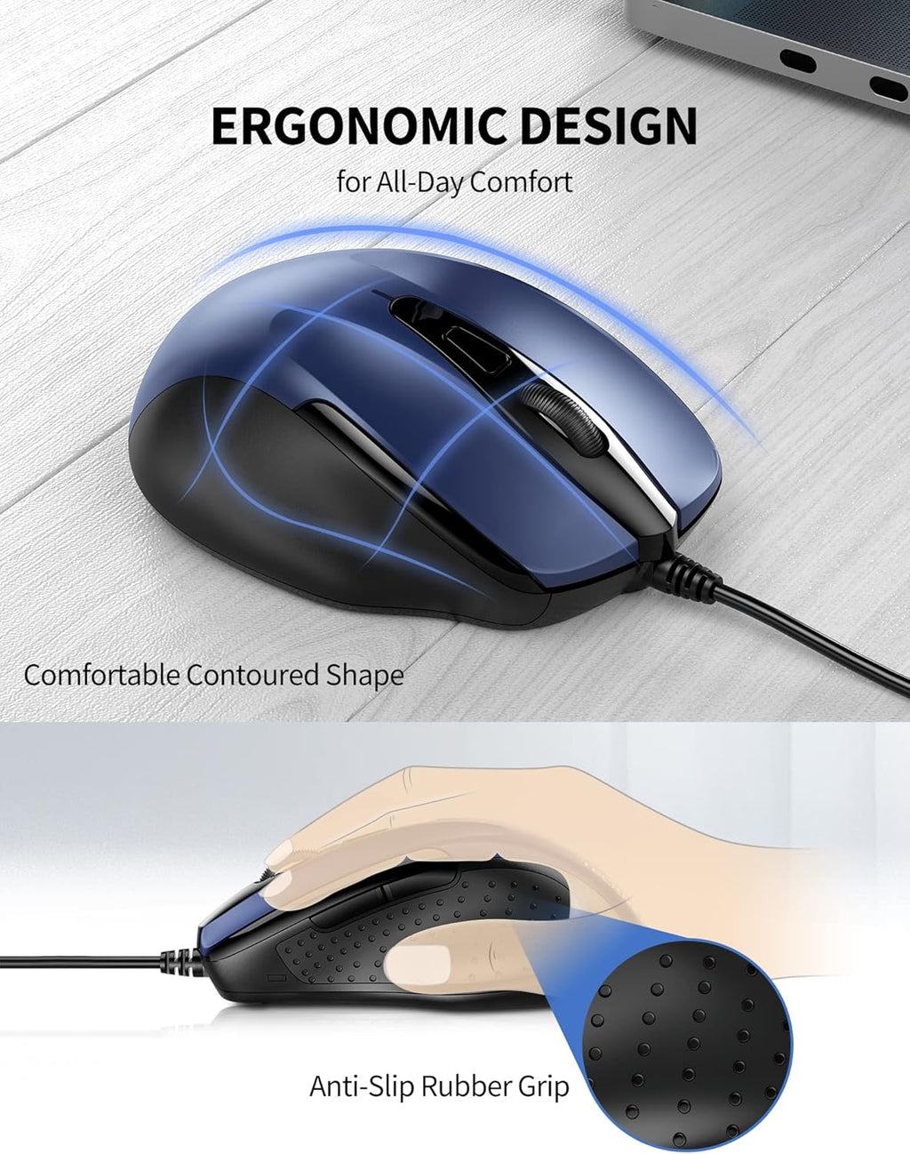 TECKNET USB Wired Mouse, 6-Button Corded Mouse with 4 Adjustable DPI, Optical Computer Mouse with Ergonomic Design and 5FT Cord for Laptop, Chromebook, PC, Desktop, Mac, Notebook-Blue