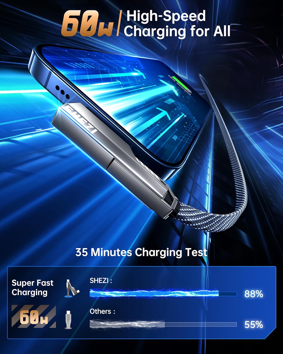 4-in-1 Long USB C Cable 10FT Compatible with Lightning Cable 90 Degree Fast Charging Flat Nylon Braided for iPhone/iPad Charger Cord Multi Charge Cord with L/USB C/USB A Ports, Grey