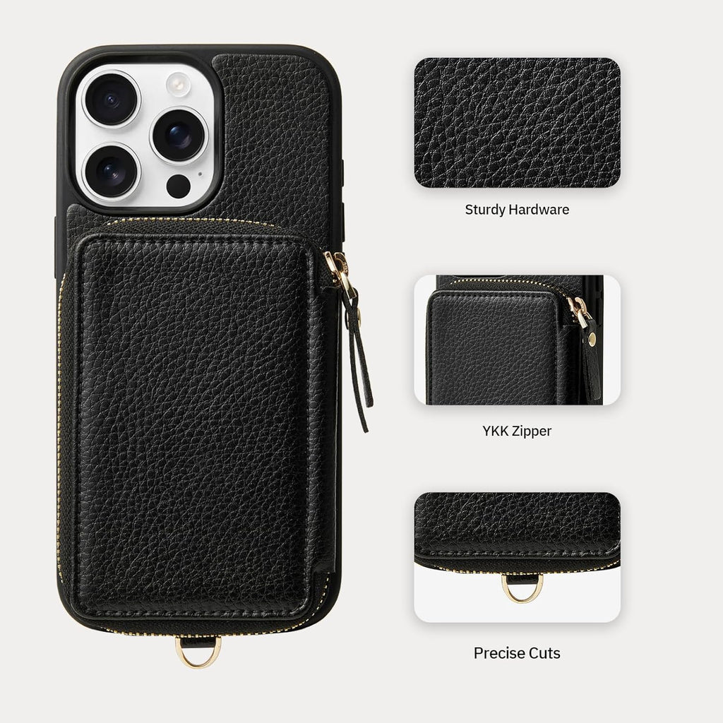 ZVE for iPhone 15 Pro Max Wallet Case with Card Holder Wrist Strap, RFID Blocking Zipper Leather Cover for Women for iPhone 15 Pro Max, 6.7"(2023) - Black
