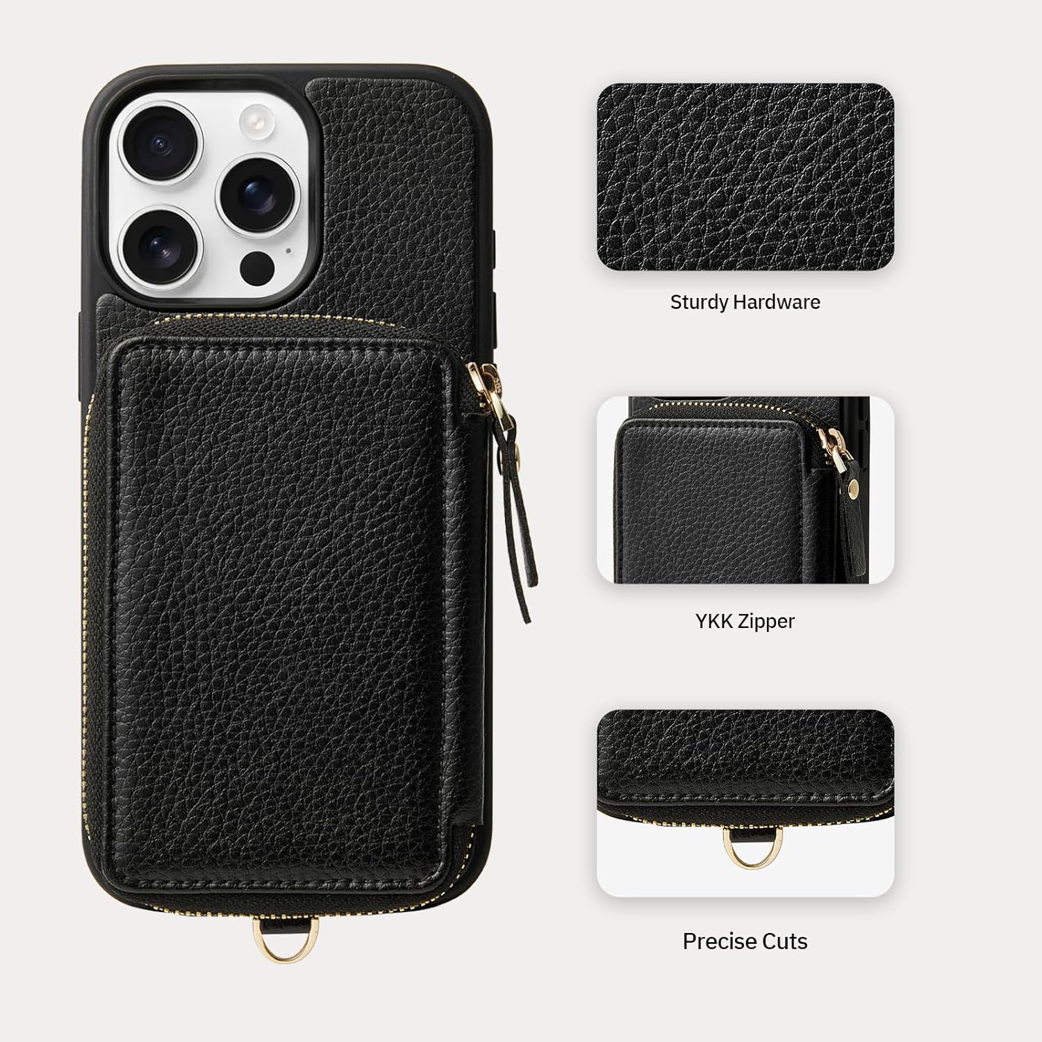 ZVE for iPhone 15 Pro Max Wallet Case with Card Holder Wrist Strap, RFID Blocking Zipper Leather Cover for Women for iPhone 15 Pro Max, 6.7"(2023) - Black