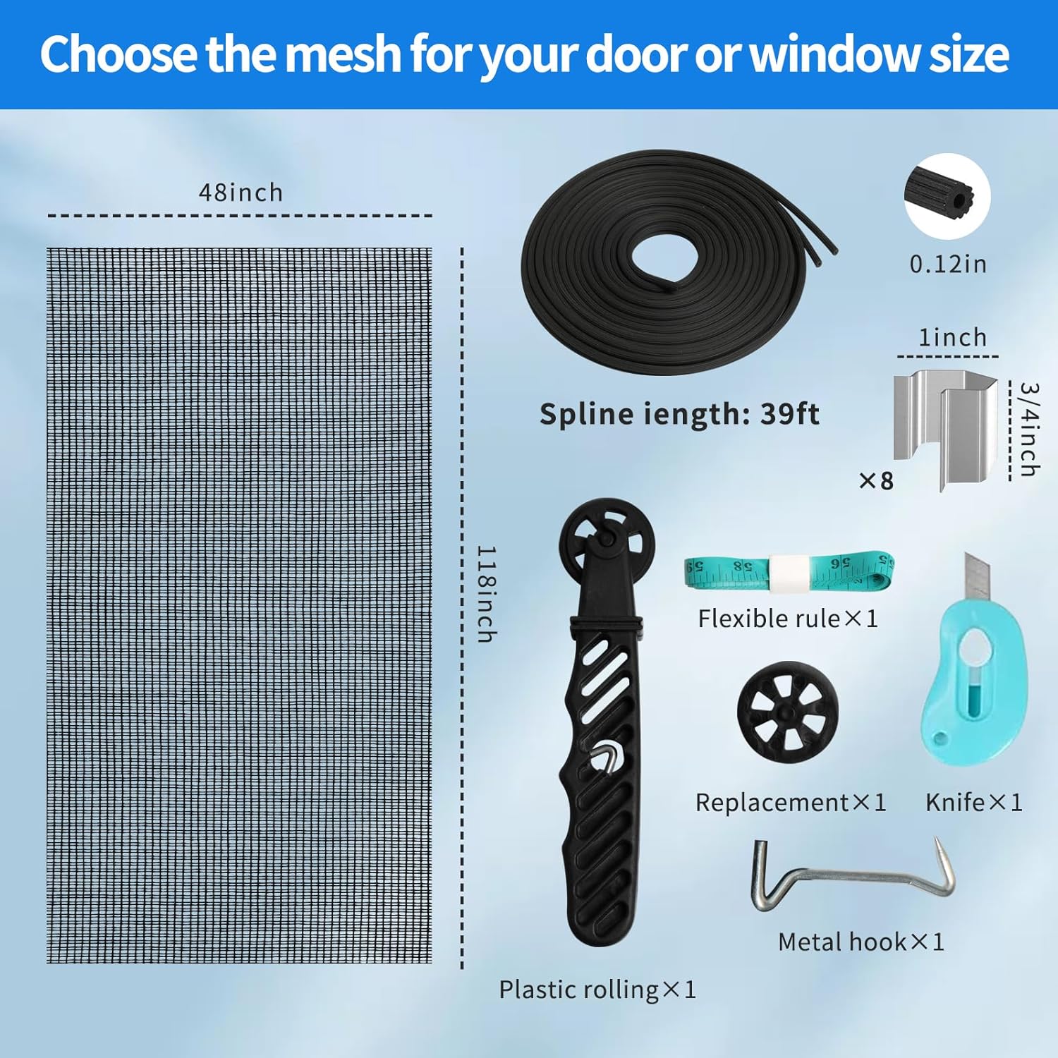 Window Screen Repair Kit, 48"x118" Screen Door Mesh Replacement Kit, Durable Fiberglass Black Window Screen kit with Tools, Rolling, Hook, Spline, Clips for Windows Doors Patio and Porch