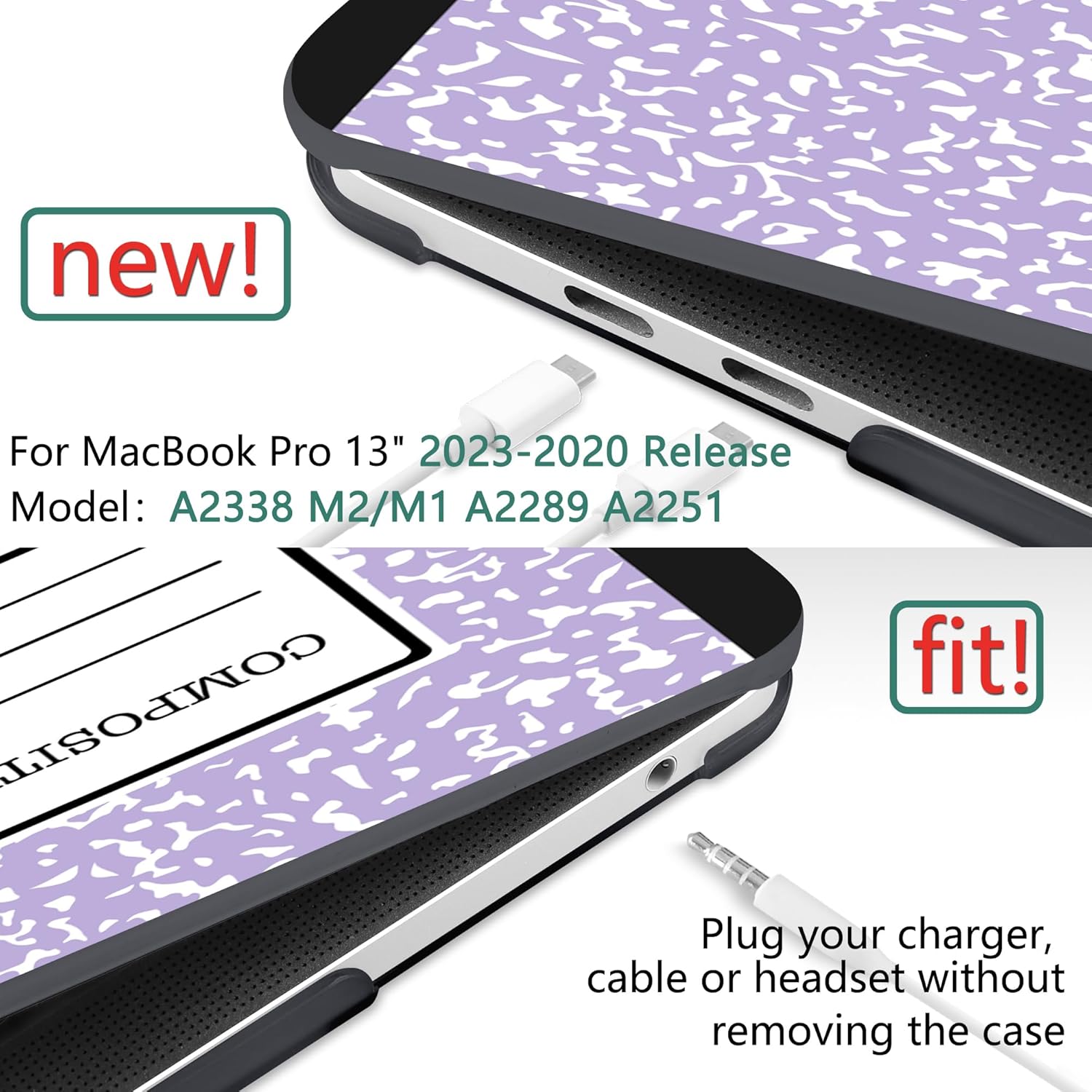 MEEgoodo Case for MacBook Pro 13 inch Case with M2 Chip 2022 2021 2020 New A2338 M1 A2251 A2289, Hard Shell with Keyboard & Camera Cover Compatible with 13 inch MacBook Pro, Composition Book Purple