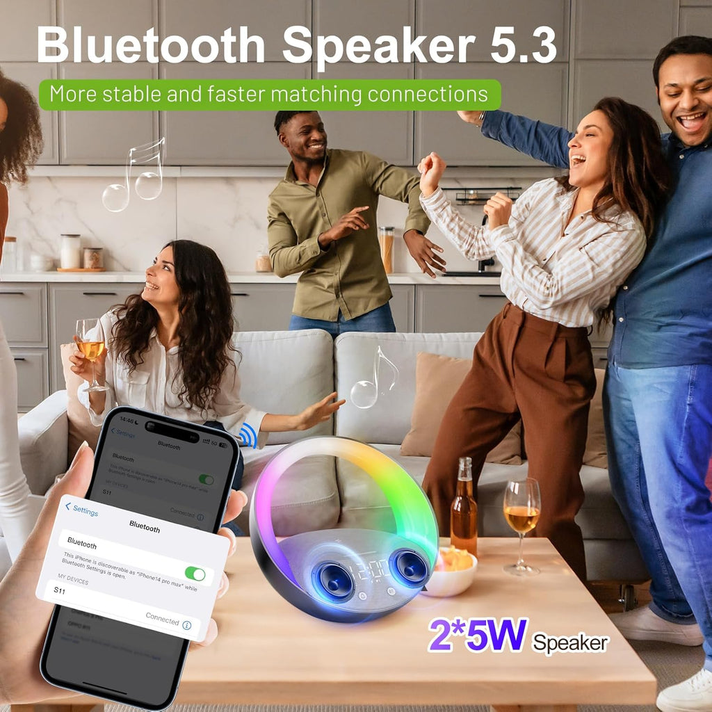 Bluetooth Alarm Clock, Sunrise Simulation Wake Up Night Light, 15W Fast Wireless Charging Alarm Clock for Bedroom, 10W Bluetooth Stereo Sound Speaker, USB Charger Port