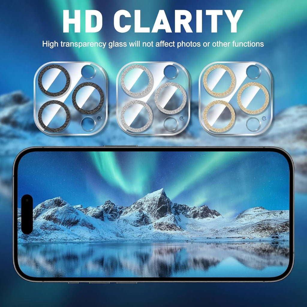 LucBuy 3PCS Sparkling Camera Lens Protector for iPhone 14 Pro/iPhone 14 Pro Max, Full Clear Acrylic Cover with Shiny Colorful Glitter Designed Decoration Back Camera Protector