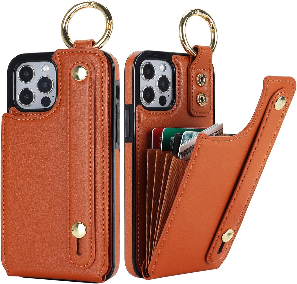 Folosu for iPhone 12/12 Pro Wallet Case with Card Holder, Hand Wrist Strap Loop Holder Kickstand, RFID Blocking Finger Grip Ring PU Leather Double Buttons Shockproof Cover 6.1" Brown