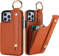 Folosu for iPhone 12/12 Pro Wallet Case with Card Holder, Hand Wrist Strap Loop Holder Kickstand, RFID Blocking Finger Grip Ring PU Leather Double Buttons Shockproof Cover 6.1" Brown