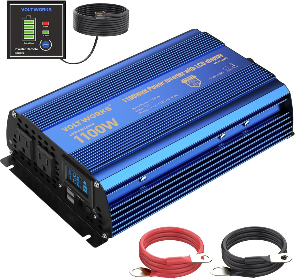 Power Inverter 1100 watt 12V DC to 110V 120V AC 1000w Inverter with LCD Display Remote Control 2AC Outlets Dual 2.4A USB Ports Compatible with Lithium Battery for Car RV Truck Boat by VOLTWORKS